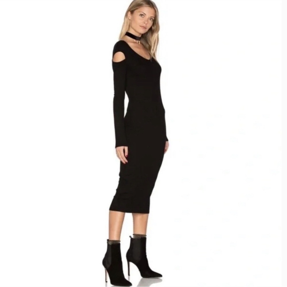 Enza Costa Ribbed Cold Shoulder Long Sleeve Midi Dress V-Neck Bodycon Minimalist